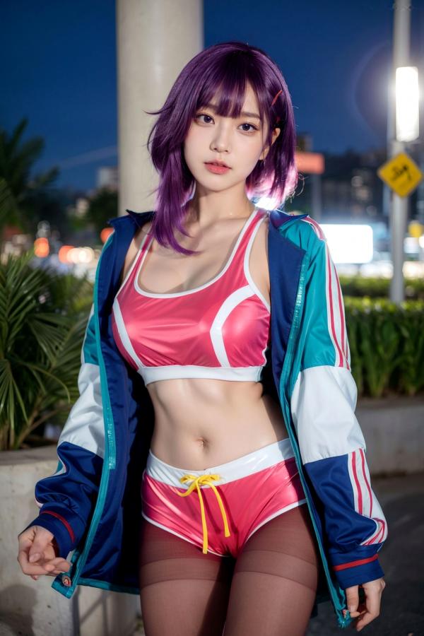    AI美女-拟实-蓝色外套粉色运动背心短裤紫色短发美女 户外街拍性感黑丝诱惑写真第10张图片