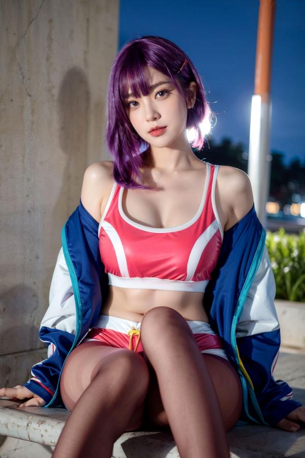    AI美女-拟实-蓝色外套粉色运动背心短裤紫色短发美女 户外街拍性感黑丝诱惑写真第12张图片