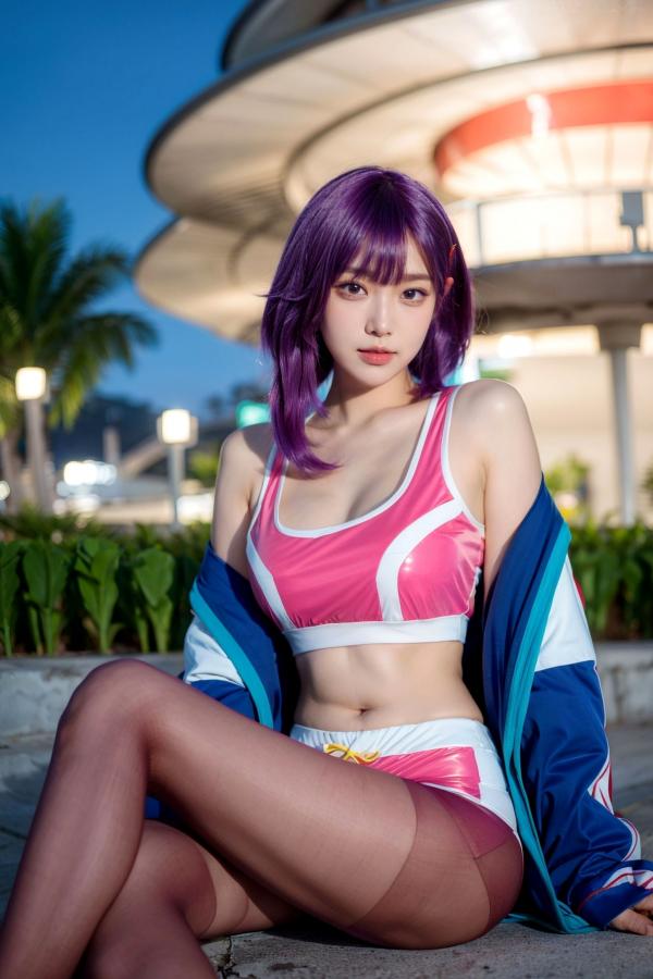    AI美女-拟实-蓝色外套粉色运动背心短裤紫色短发美女 户外街拍性感黑丝诱惑写真第13张图片