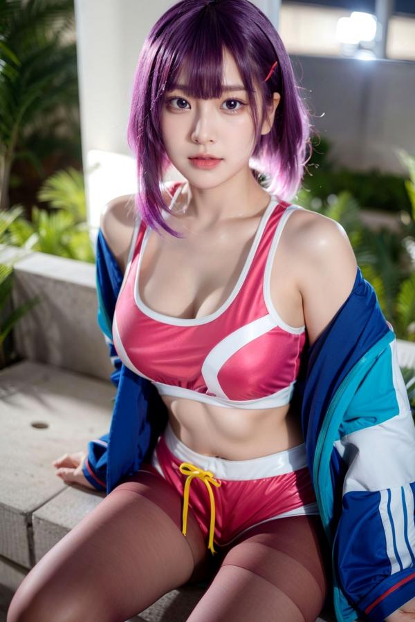   AI美女-拟实-蓝色外套粉色运动背心短裤紫色短发美女 户外街拍性感黑丝诱惑写真第15张图片