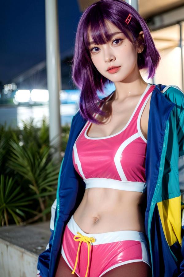    AI美女-拟实-蓝色外套粉色运动背心短裤紫色短发美女 户外街拍性感黑丝诱惑写真第16张图片