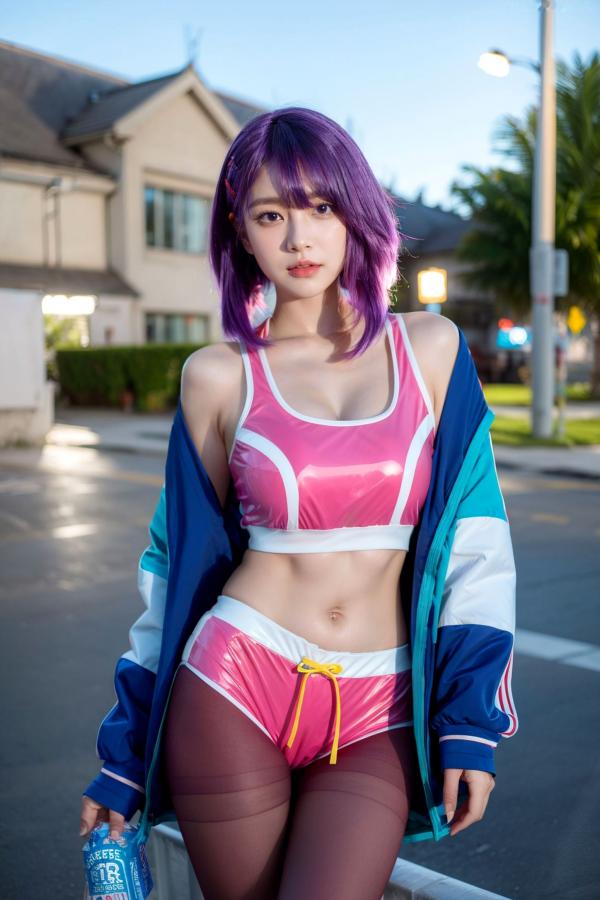    AI美女-拟实-蓝色外套粉色运动背心短裤紫色短发美女 户外街拍性感黑丝诱惑写真第17张图片