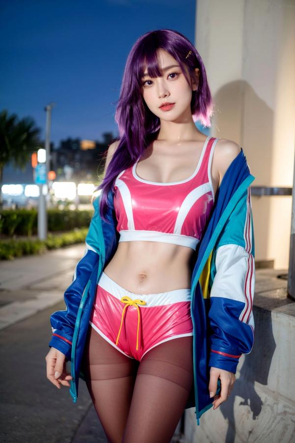    AI美女-拟实-蓝色外套粉色运动背心短裤紫色短发美女 户外街拍性感黑丝诱惑写真第18张图片