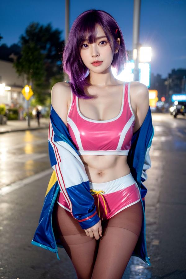    AI美女-拟实-蓝色外套粉色运动背心短裤紫色短发美女 户外街拍性感黑丝诱惑写真第19张图片