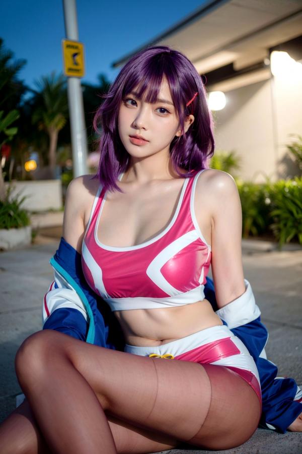    AI美女-拟实-蓝色外套粉色运动背心短裤紫色短发美女 户外街拍性感黑丝诱惑写真第20张图片