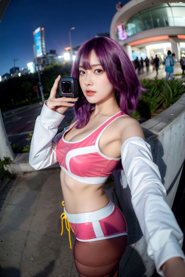   AI美女-拟实-蓝色外套粉色运动背心短裤紫色短发美女 户外街拍性感黑丝诱惑写真第21张图片