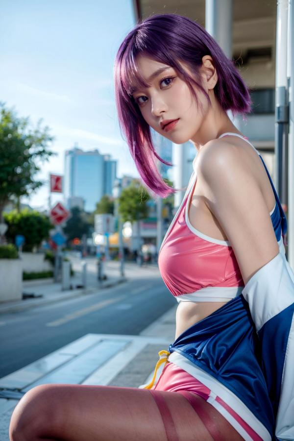    AI美女-拟实-蓝色外套粉色运动背心短裤紫色短发美女 户外街拍性感黑丝诱惑写真第22张图片