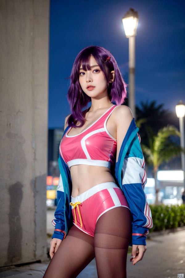    AI美女-拟实-蓝色外套粉色运动背心短裤紫色短发美女 户外街拍性感黑丝诱惑写真第23张图片