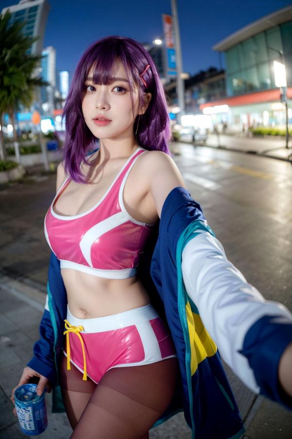    AI美女-拟实-蓝色外套粉色运动背心短裤紫色短发美女 户外街拍性感黑丝诱惑写真第24张图片