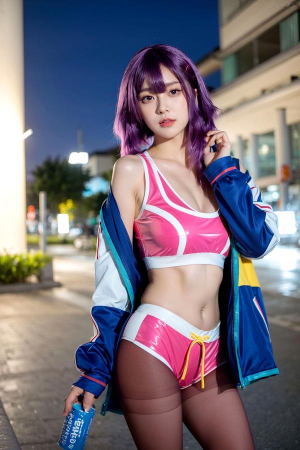   AI美女-拟实-蓝色外套粉色运动背心短裤紫色短发美女 户外街拍性感黑丝诱惑写真第26张图片