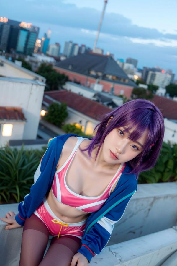    AI美女-拟实-蓝色外套粉色运动背心短裤紫色短发美女 户外街拍性感黑丝诱惑写真第27张图片