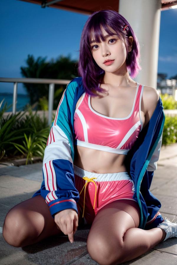    AI美女-拟实-蓝色外套粉色运动背心短裤紫色短发美女 户外街拍性感黑丝诱惑写真第28张图片
