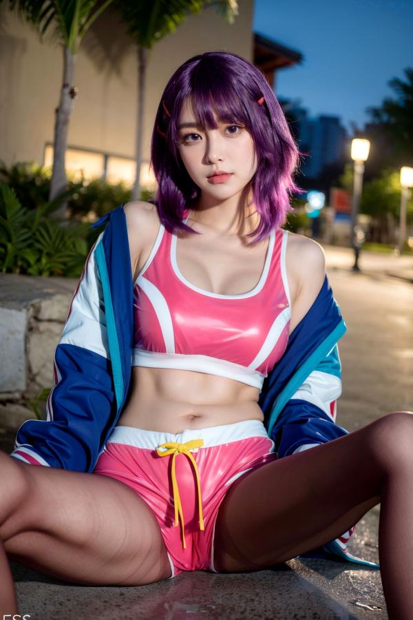    AI美女-拟实-蓝色外套粉色运动背心短裤紫色短发美女 户外街拍性感黑丝诱惑写真第29张图片