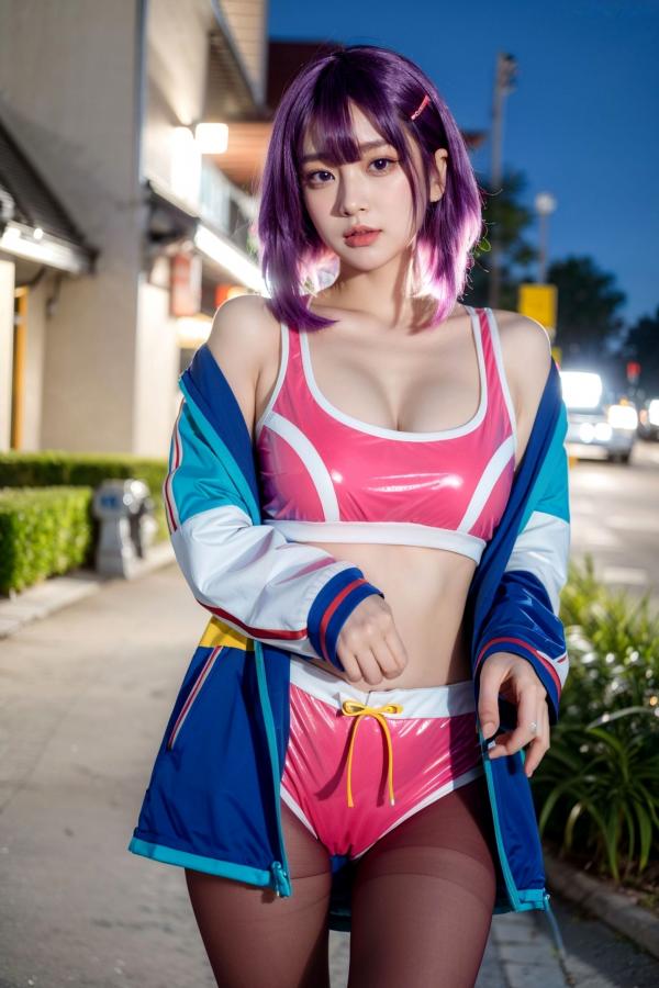    AI美女-拟实-蓝色外套粉色运动背心短裤紫色短发美女 户外街拍性感黑丝诱惑写真第30张图片