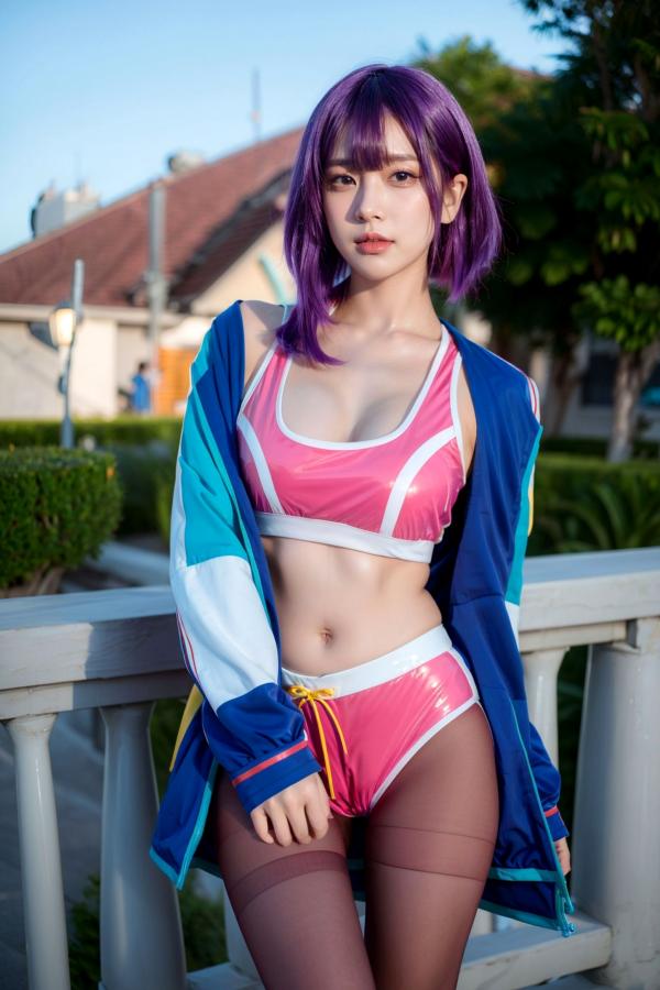    AI美女-拟实-蓝色外套粉色运动背心短裤紫色短发美女 户外街拍性感黑丝诱惑写真第31张图片