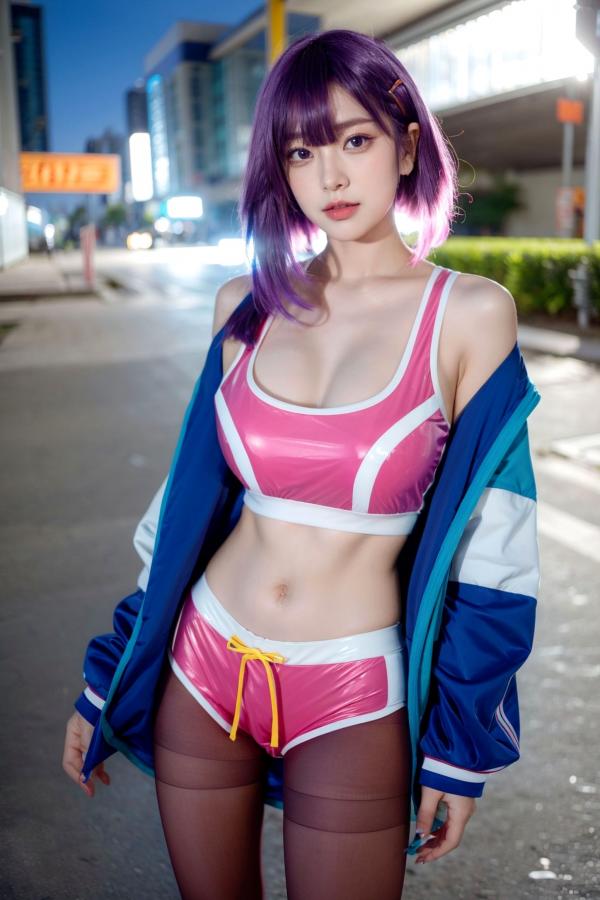    AI美女-拟实-蓝色外套粉色运动背心短裤紫色短发美女 户外街拍性感黑丝诱惑写真第32张图片