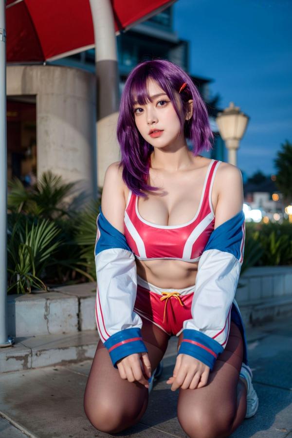    AI美女-拟实-蓝色外套粉色运动背心短裤紫色短发美女 户外街拍性感黑丝诱惑写真第33张图片