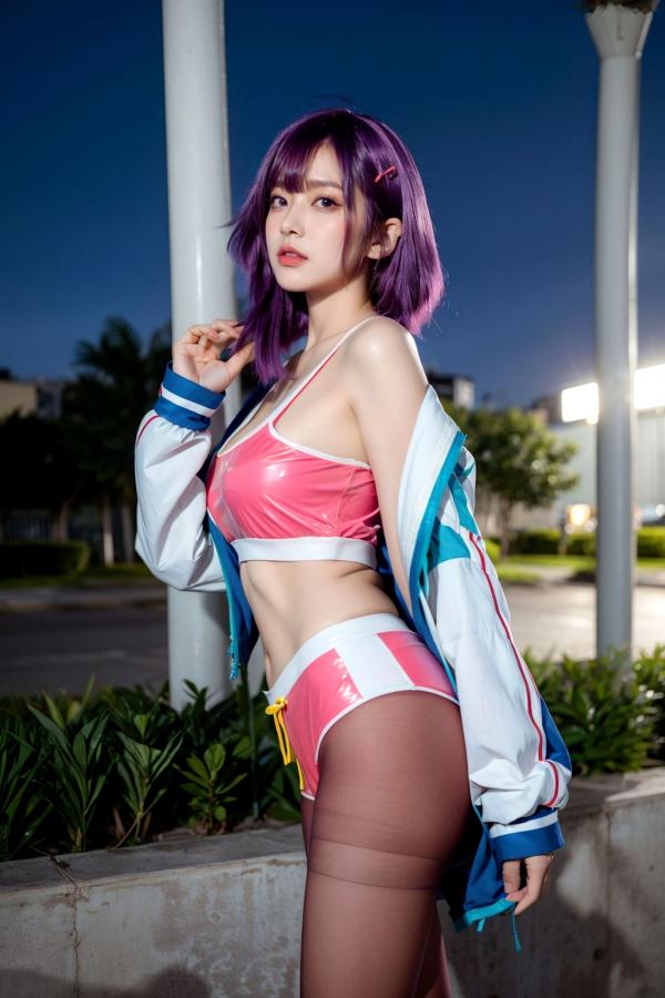    AI美女-拟实-蓝色外套粉色运动背心短裤紫色短发美女 户外街拍性感黑丝诱惑写真第34张图片