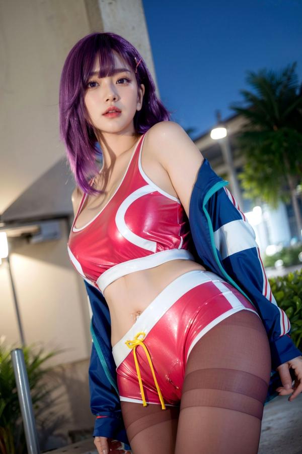    AI美女-拟实-蓝色外套粉色运动背心短裤紫色短发美女 户外街拍性感黑丝诱惑写真第35张图片