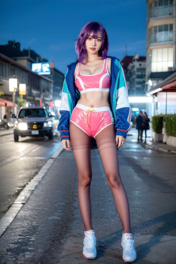    AI美女-拟实-蓝色外套粉色运动背心短裤紫色短发美女 户外街拍性感黑丝诱惑写真第36张图片