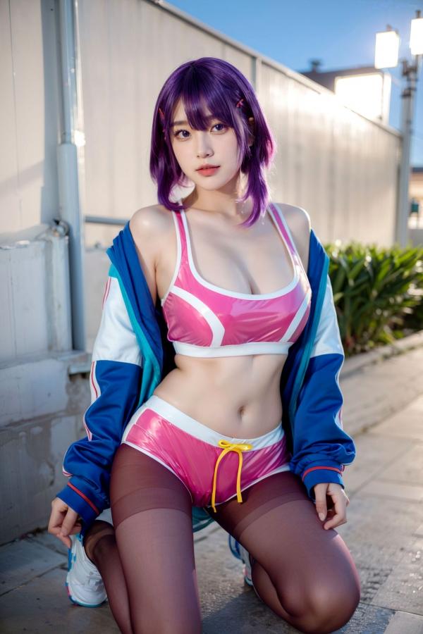    AI美女-拟实-蓝色外套粉色运动背心短裤紫色短发美女 户外街拍性感黑丝诱惑写真第37张图片