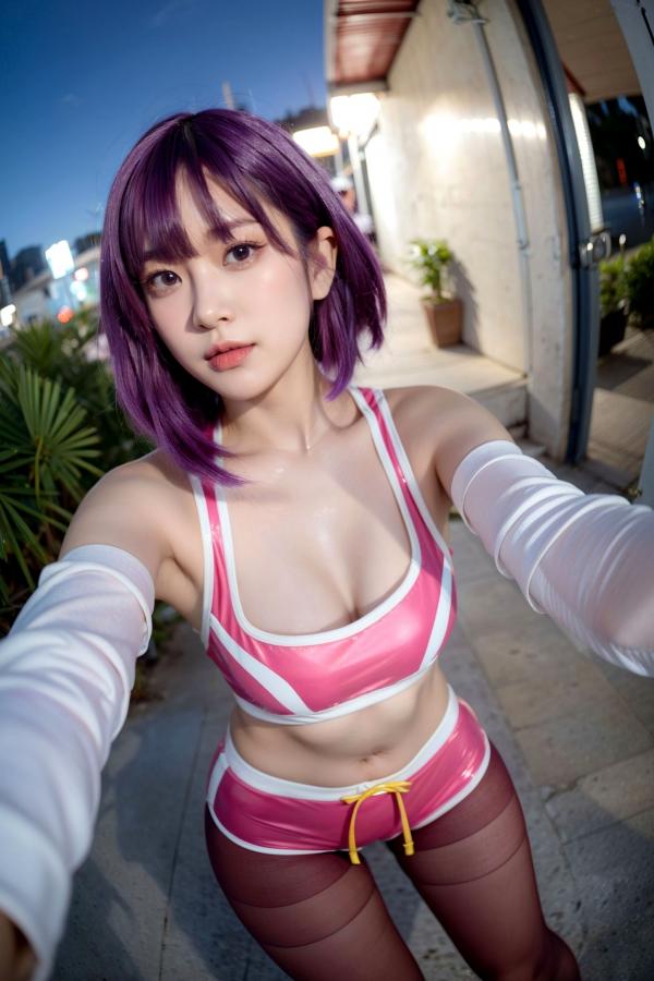    AI美女-拟实-蓝色外套粉色运动背心短裤紫色短发美女 户外街拍性感黑丝诱惑写真第39张图片