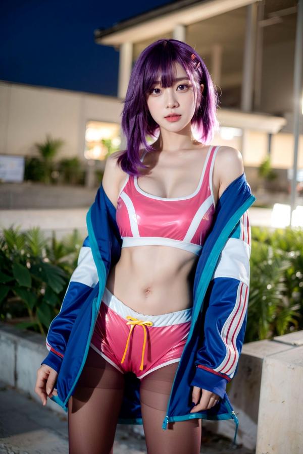   AI美女-拟实-蓝色外套粉色运动背心短裤紫色短发美女 户外街拍性感黑丝诱惑写真第40张图片