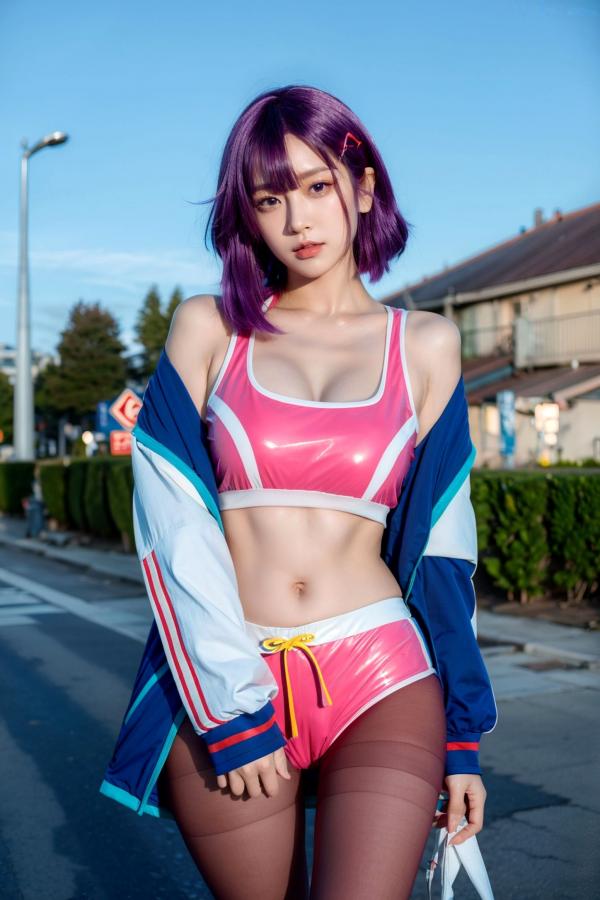    AI美女-拟实-蓝色外套粉色运动背心短裤紫色短发美女 户外街拍性感黑丝诱惑写真第41张图片