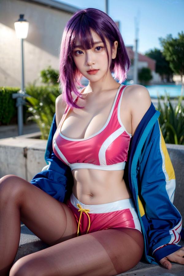    AI美女-拟实-蓝色外套粉色运动背心短裤紫色短发美女 户外街拍性感黑丝诱惑写真第43张图片