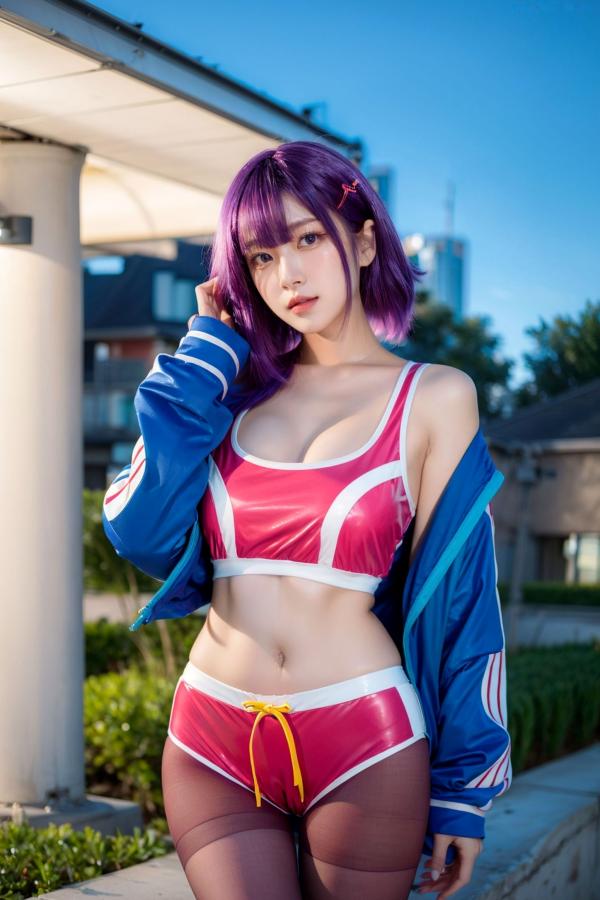    AI美女-拟实-蓝色外套粉色运动背心短裤紫色短发美女 户外街拍性感黑丝诱惑写真第44张图片