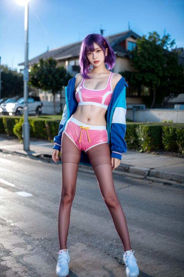    AI美女-拟实-蓝色外套粉色运动背心短裤紫色短发美女 户外街拍性感黑丝诱惑写真第45张图片
