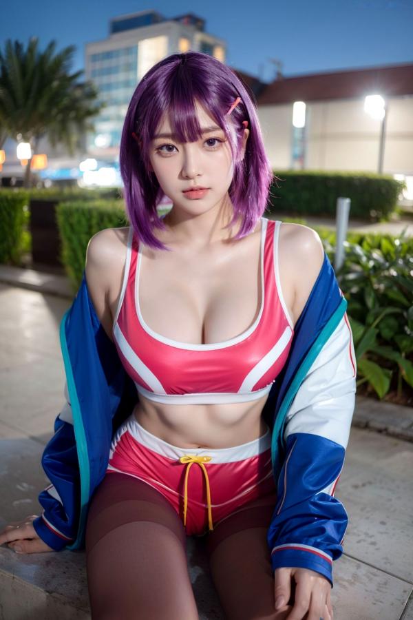    AI美女-拟实-蓝色外套粉色运动背心短裤紫色短发美女 户外街拍性感黑丝诱惑写真第46张图片