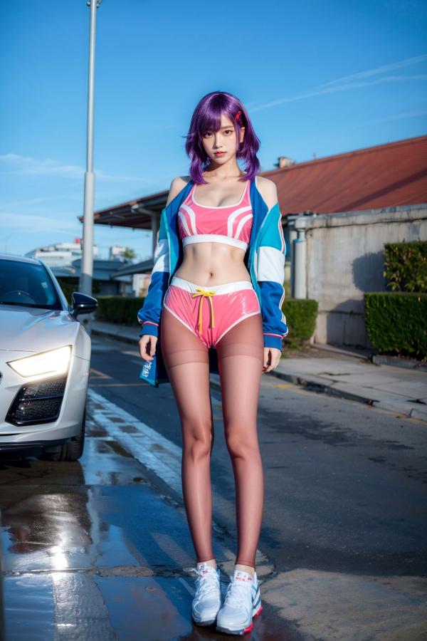    AI美女-拟实-蓝色外套粉色运动背心短裤紫色短发美女 户外街拍性感黑丝诱惑写真第47张图片
