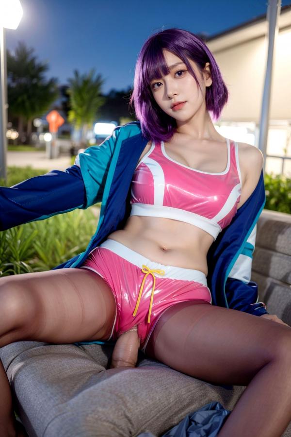    AI美女-拟实-蓝色外套粉色运动背心短裤紫色短发美女 户外街拍性感黑丝诱惑写真第48张图片