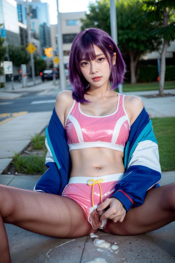    AI美女-拟实-蓝色外套粉色运动背心短裤紫色短发美女 户外街拍性感黑丝诱惑写真第50张图片