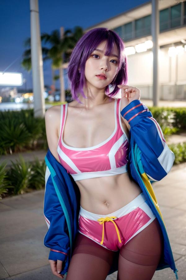    AI美女-拟实-蓝色外套粉色运动背心短裤紫色短发美女 户外街拍性感黑丝诱惑写真第52张图片
