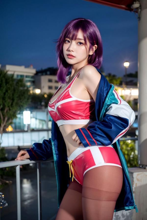    AI美女-拟实-蓝色外套粉色运动背心短裤紫色短发美女 户外街拍性感黑丝诱惑写真第57张图片