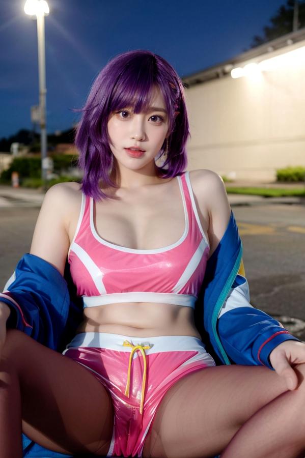   AI美女-拟实-蓝色外套粉色运动背心短裤紫色短发美女 户外街拍性感黑丝诱惑写真第60张图片