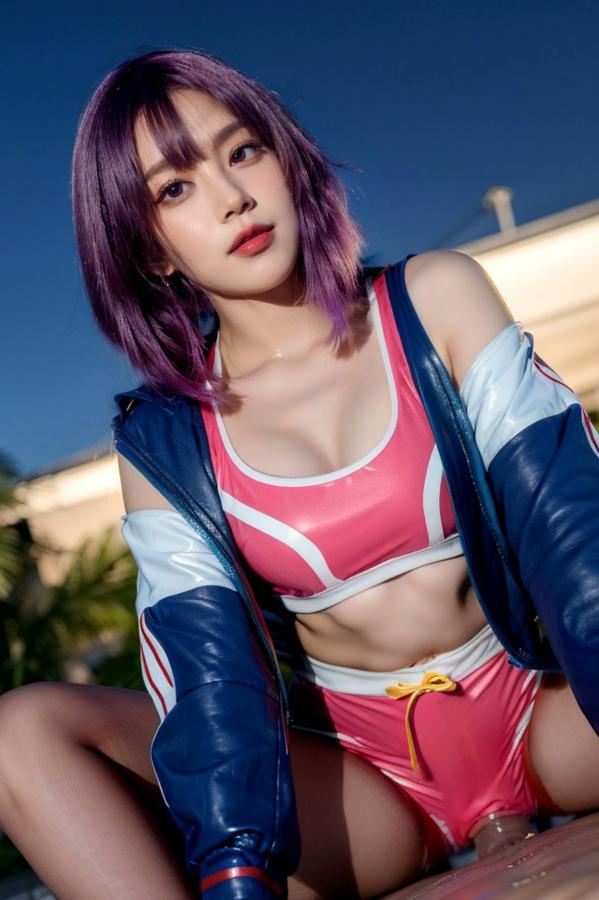    AI美女-拟实-蓝色外套粉色运动背心短裤紫色短发美女 户外街拍性感黑丝诱惑写真第63张图片