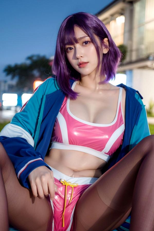    AI美女-拟实-蓝色外套粉色运动背心短裤紫色短发美女 户外街拍性感黑丝诱惑写真第64张图片