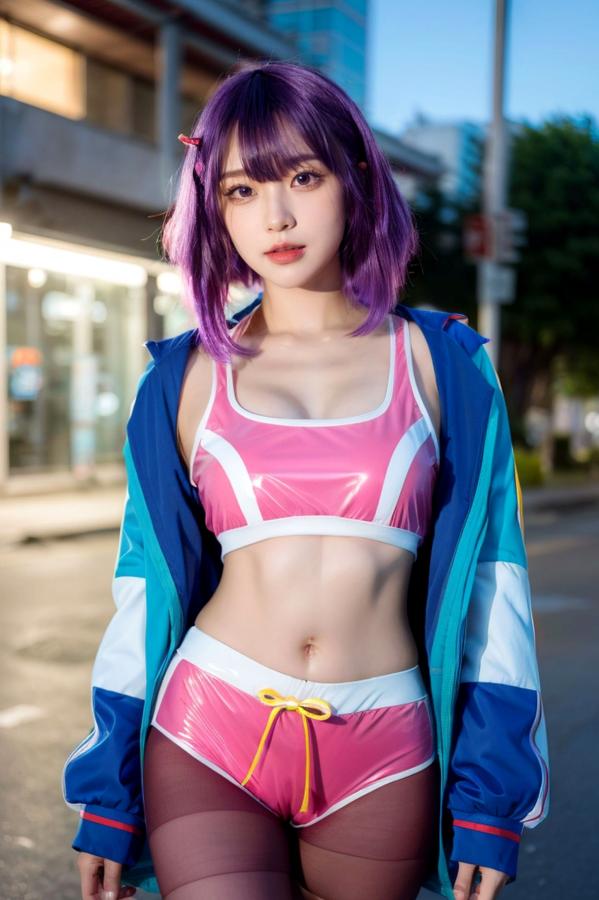    AI美女-拟实-蓝色外套粉色运动背心短裤紫色短发美女 户外街拍性感黑丝诱惑写真第70张图片