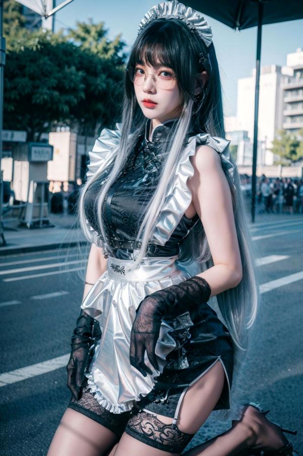    AI美女-拟实-哥特风眼镜女仆 极品爆乳皮革制服黑丝性感诱惑写真第1张图片