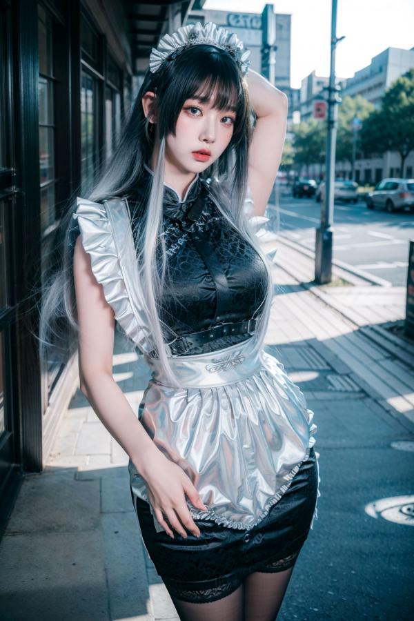    AI美女-拟实-哥特风眼镜女仆 极品爆乳皮革制服黑丝性感诱惑写真第6张图片