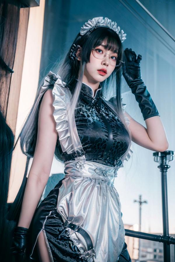   AI美女-拟实-哥特风眼镜女仆 极品爆乳皮革制服黑丝性感诱惑写真第9张图片