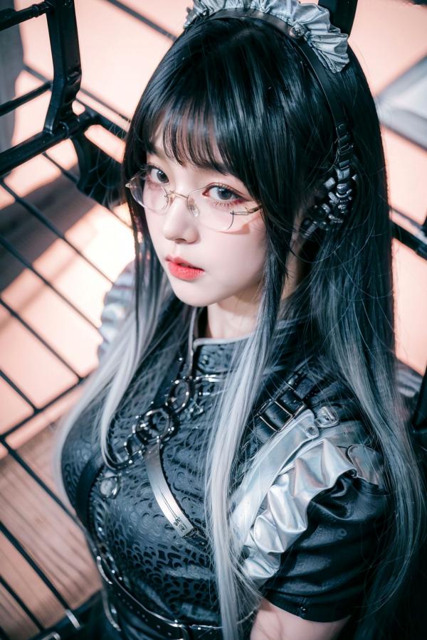    AI美女-拟实-哥特风眼镜女仆 极品爆乳皮革制服黑丝性感诱惑写真第11张图片