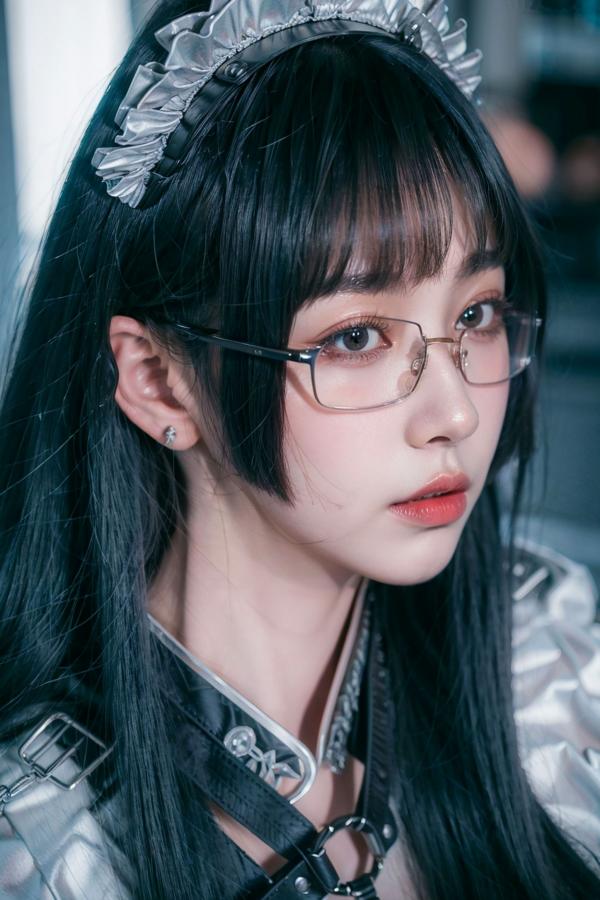    AI美女-拟实-哥特风眼镜女仆 极品爆乳皮革制服黑丝性感诱惑写真第13张图片