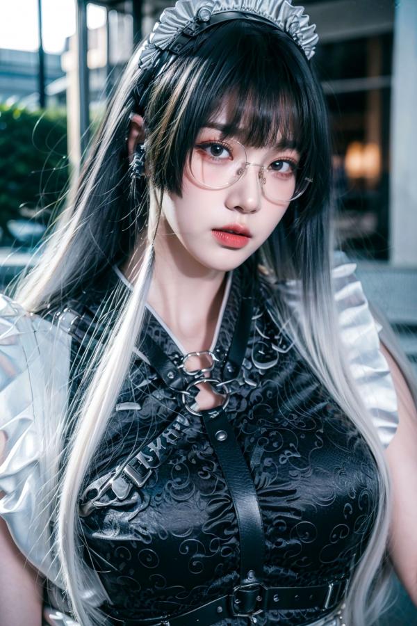    AI美女-拟实-哥特风眼镜女仆 极品爆乳皮革制服黑丝性感诱惑写真第14张图片