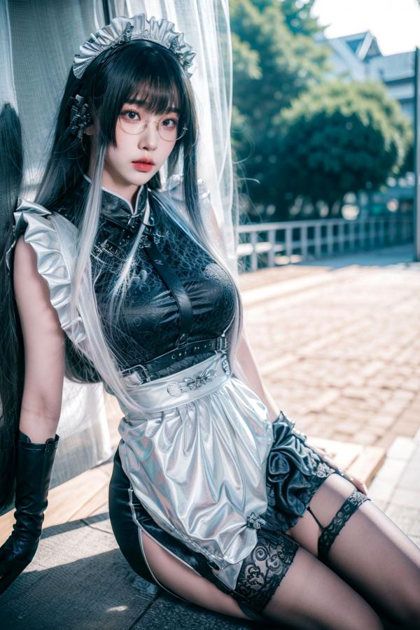    AI美女-拟实-哥特风眼镜女仆 极品爆乳皮革制服黑丝性感诱惑写真第15张图片