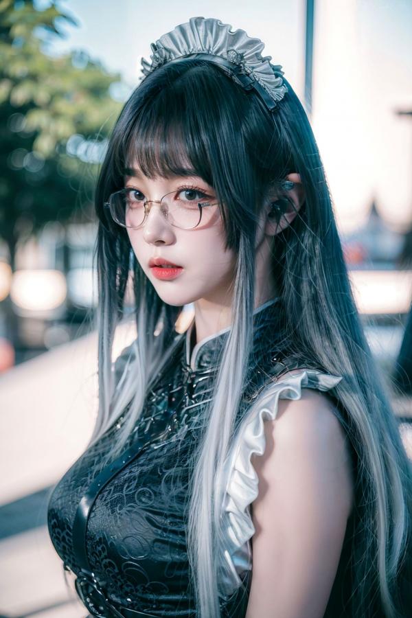    AI美女-拟实-哥特风眼镜女仆 极品爆乳皮革制服黑丝性感诱惑写真第19张图片