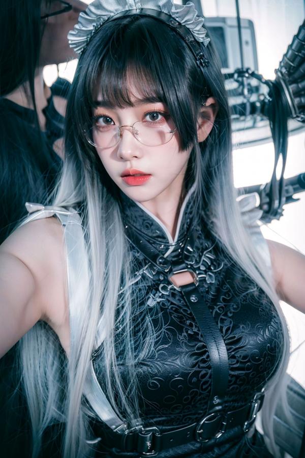    AI美女-拟实-哥特风眼镜女仆 极品爆乳皮革制服黑丝性感诱惑写真第20张图片